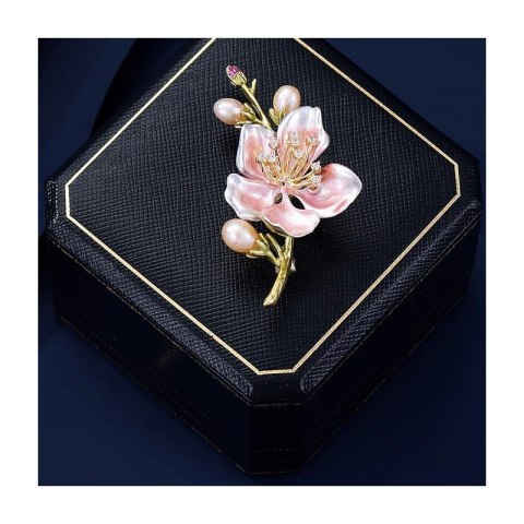 Broszka ozdobna delikatna, kwiat wiśni z kryształkami i perłami BZ204