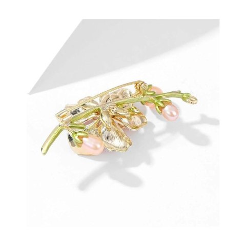 Broszka ozdobna delikatna, kwiat wiśni z kryształkami i perłami BZ204