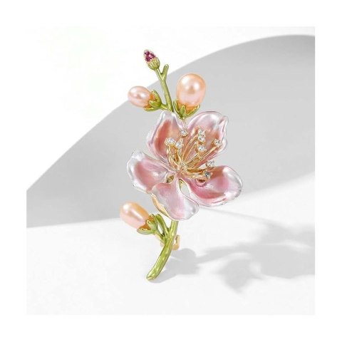 Broszka ozdobna delikatna, kwiat wiśni z kryształkami i perłami BZ204