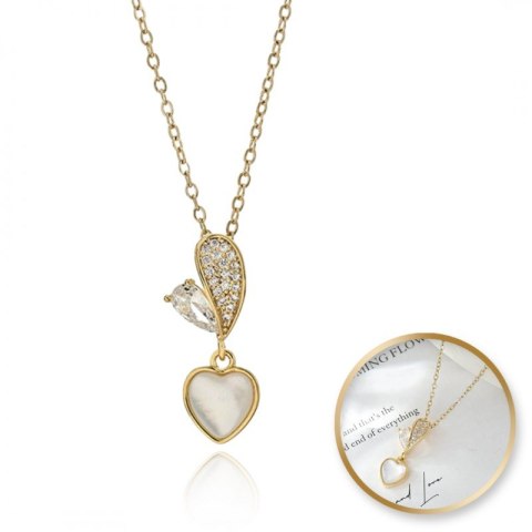 Naszyjnik stal szlachetna pozłacana 14k złotem - SERCE cyrkonie, masa perłowa NST2203