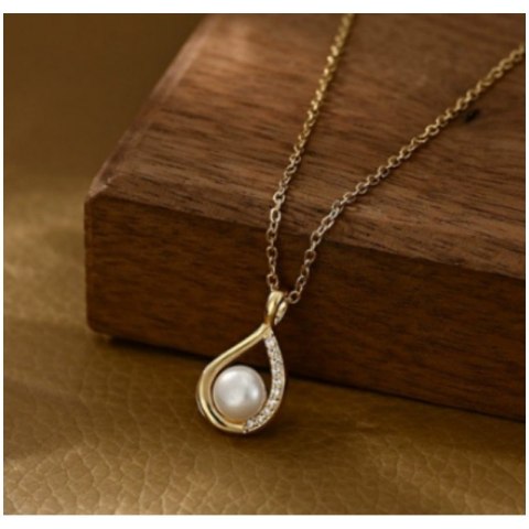 Naszyjnik stal szlachetna pozłacana 14k złotem - perła, cyrkonie NST2204