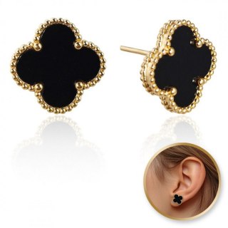 Kolczyki ze stali szlachetnej platerowane 14k złotem, sztyft, Koniczynka czarna KST3377