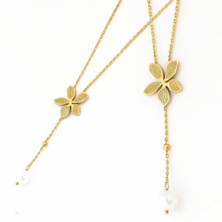 Naszyjnik stal szlachetna pozłacana 14k złotem, KWIAT, perła NST2206