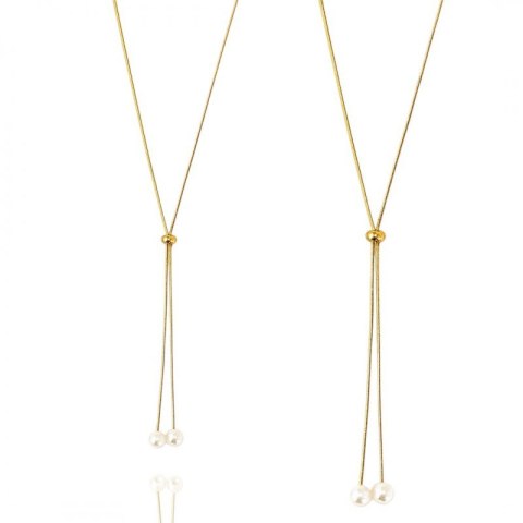 Naszyjnik stal szlachetna pozłacana 14k złotem, długi, regulowany perły NST2209