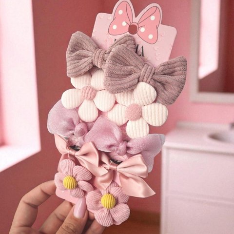 Zestaw frotek gumek do włosów 10w1 na plakietce, KOKARDKI, Kwiatki GUM169