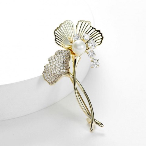 Broszka ozdobna - miłorząb z cyrkoniami i perłą BZ215