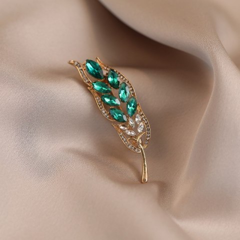 Broszka ozdobna - zielony kłos z cyrkoniami BZ214